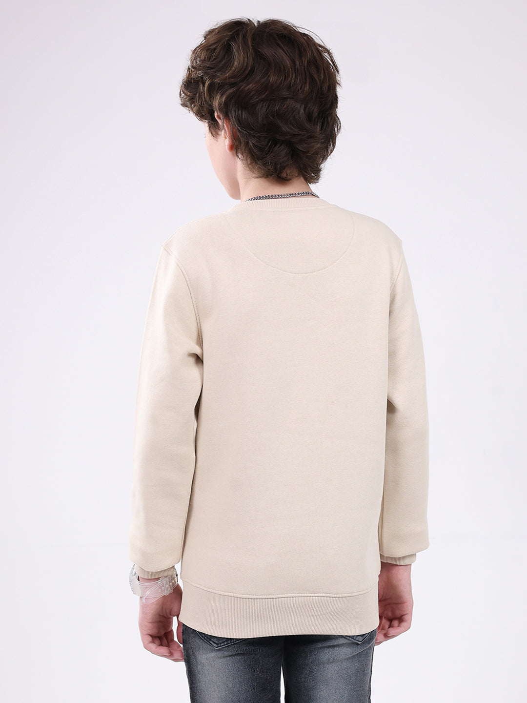 Boys Beige Printed Round Neck Full Sleeve Sweatshirt
