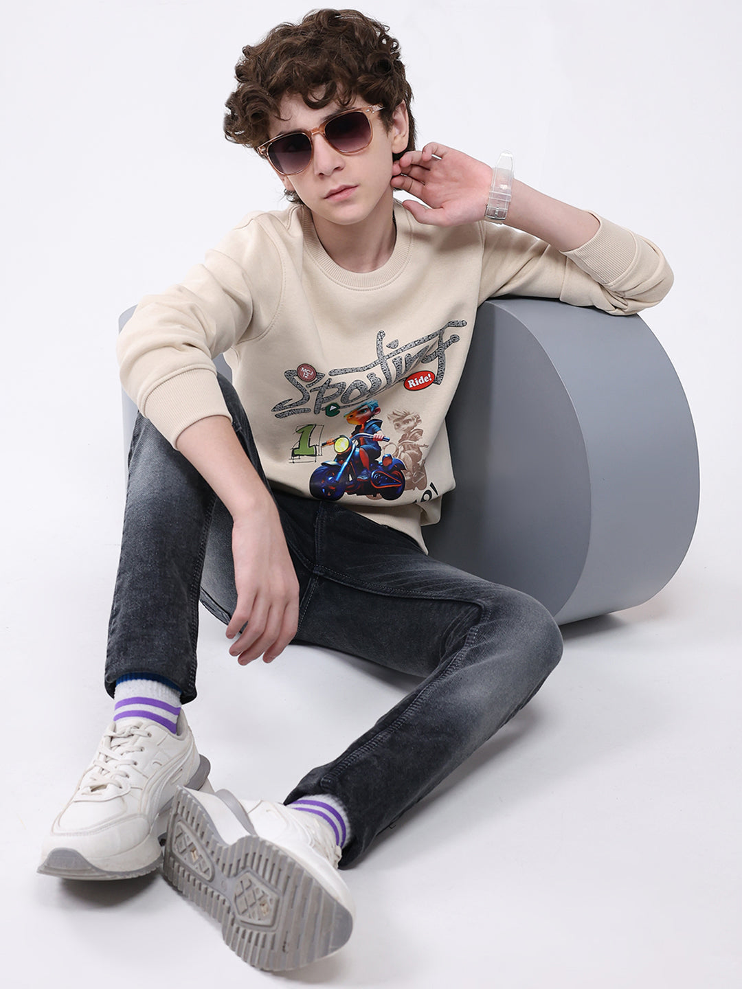 Boys Beige Printed Round Neck Full Sleeve Sweatshirt