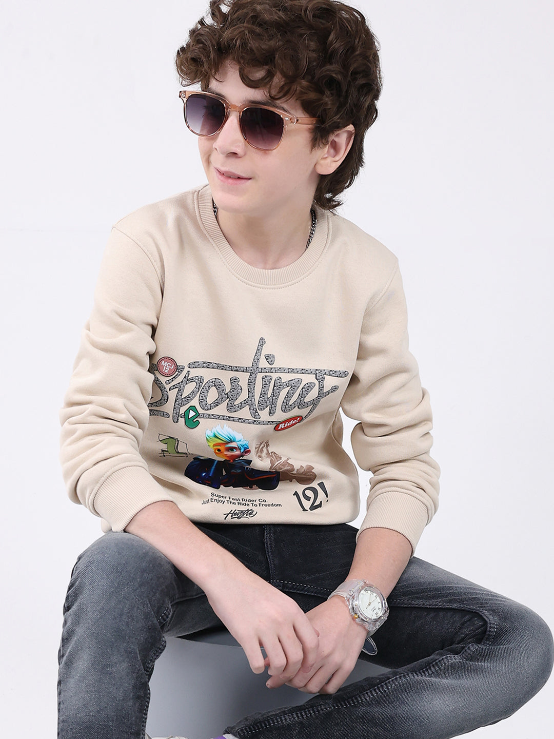 Boys Beige Printed Round Neck Full Sleeve Sweatshirt