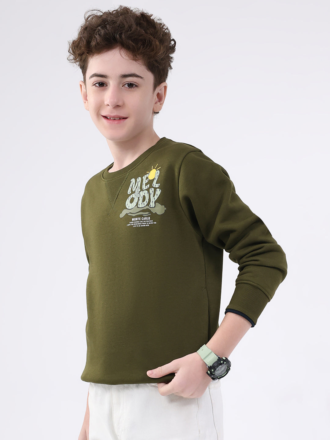 Boys Olive Printed Round Neck Full Sleeve Sweatshirt