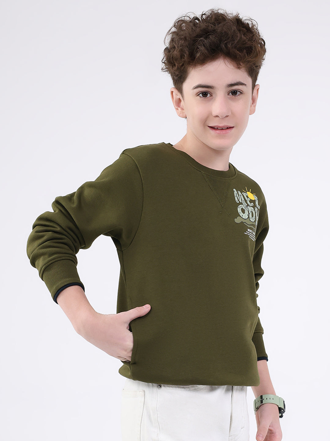 Boys Olive Printed Round Neck Full Sleeve Sweatshirt