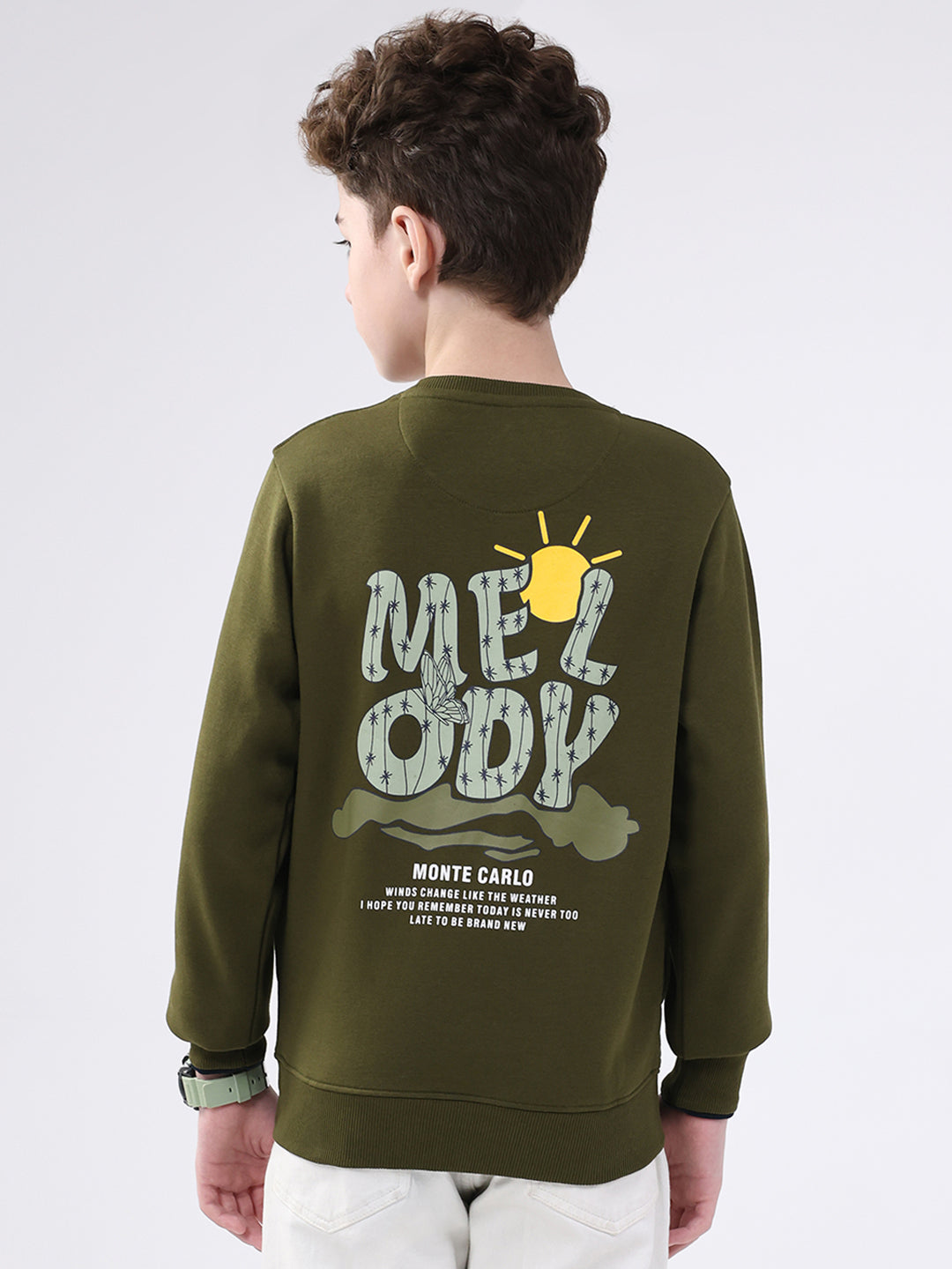 Boys Olive Printed Round Neck Full Sleeve Sweatshirt