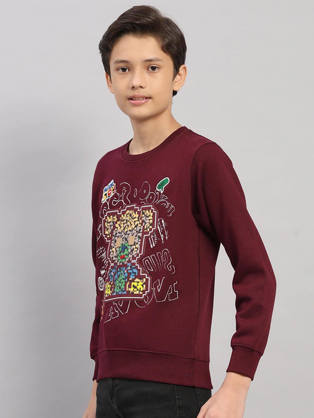 Boys Maroon Printed Round Neck Full Sleeve Sweatshirt