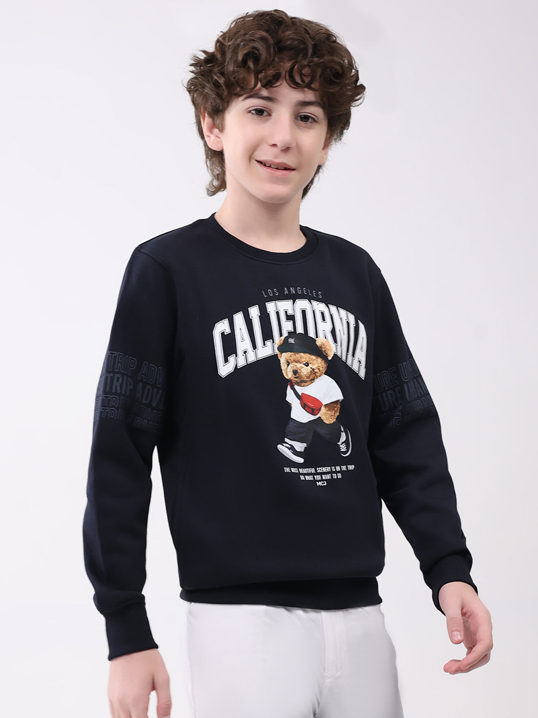 Boys Navy Blue Printed Round Neck Full Sleeve Sweatshirt