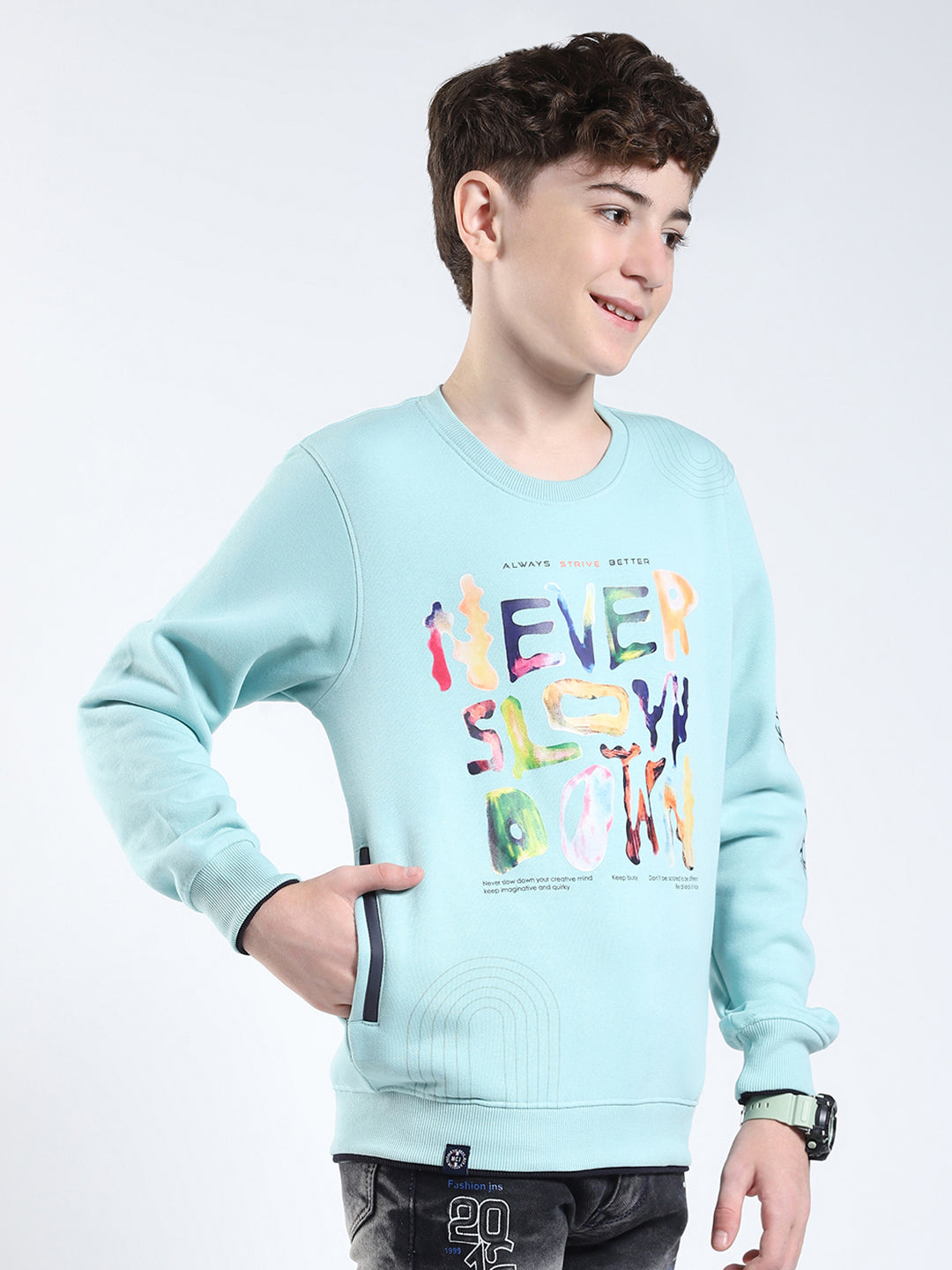 Boys Green Printed Round Neck Full Sleeve Sweatshirt