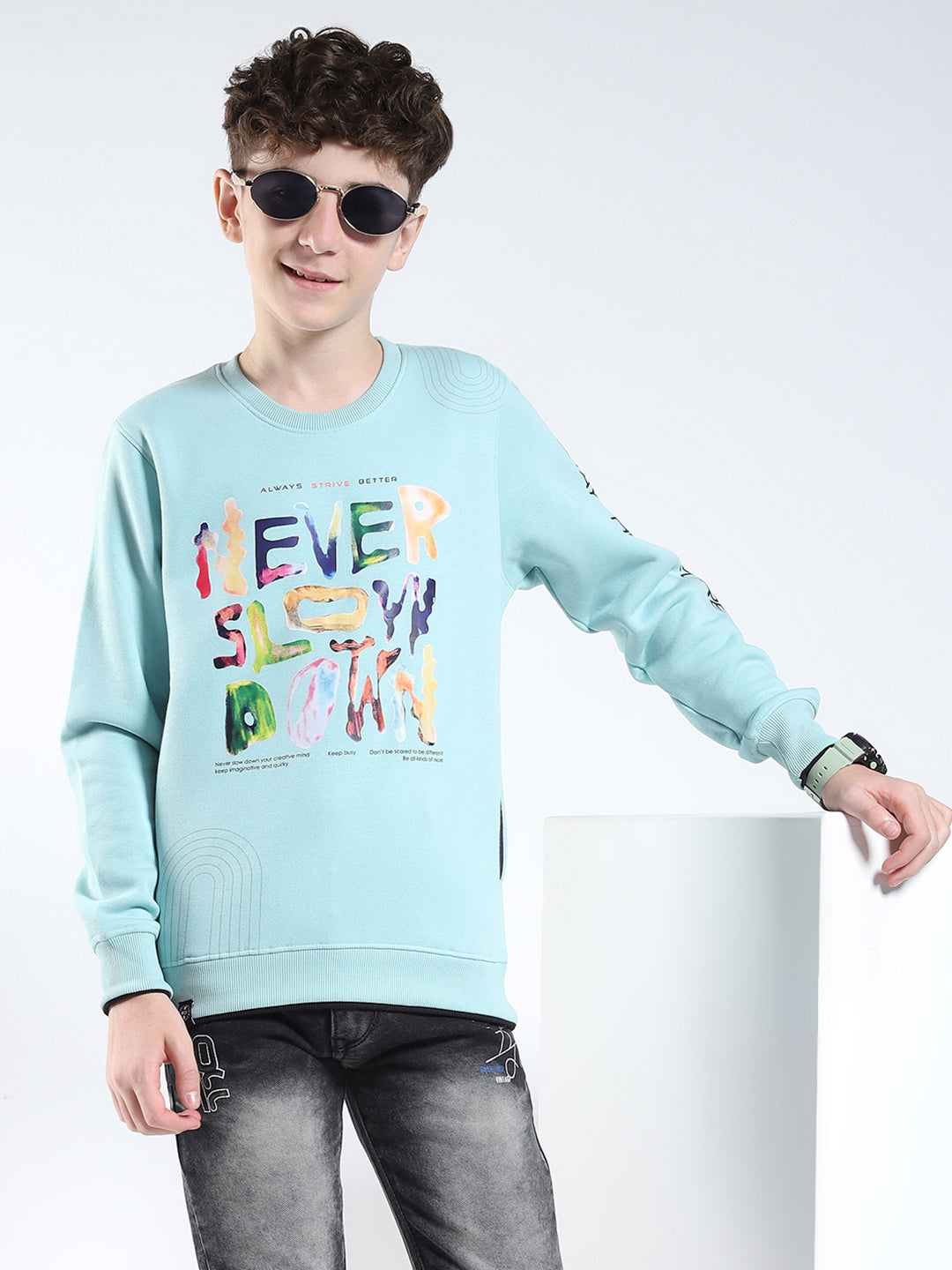 Boys Green Printed Round Neck Full Sleeve Sweatshirt