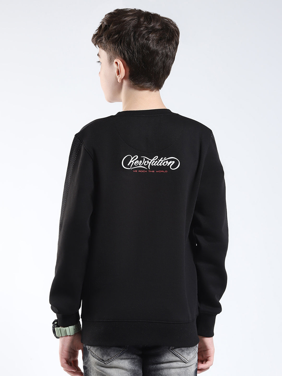 Boys Black Printed Round Neck Full Sleeve Sweatshirt