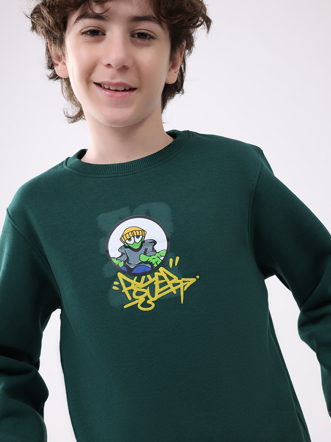 Boys Green Printed Round Neck Full Sleeve Sweatshirt