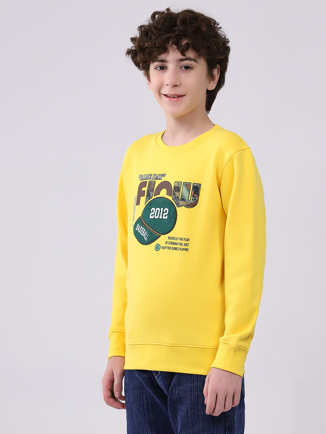 Boys Yellow Printed Round Neck Full Sleeve Sweatshirt