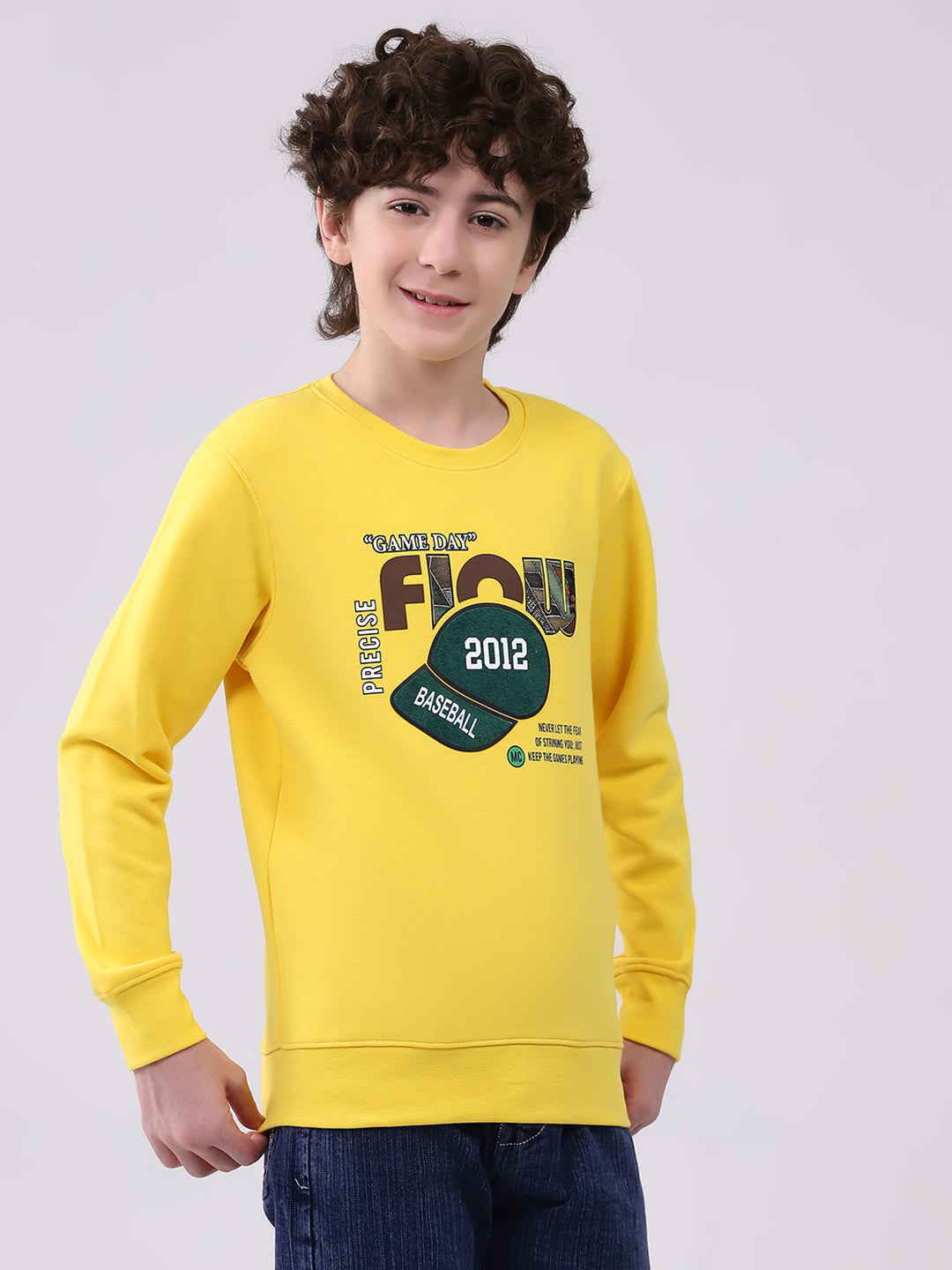 Boys Yellow Printed Round Neck Full Sleeve Sweatshirt