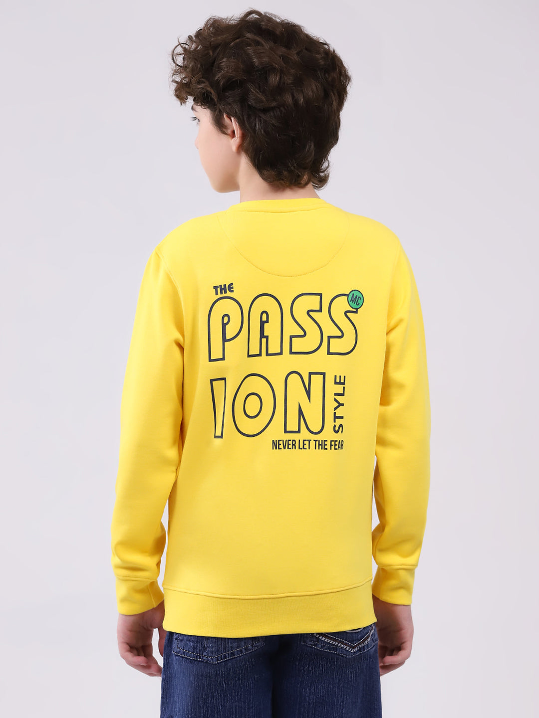 Boys Yellow Printed Round Neck Full Sleeve Sweatshirt