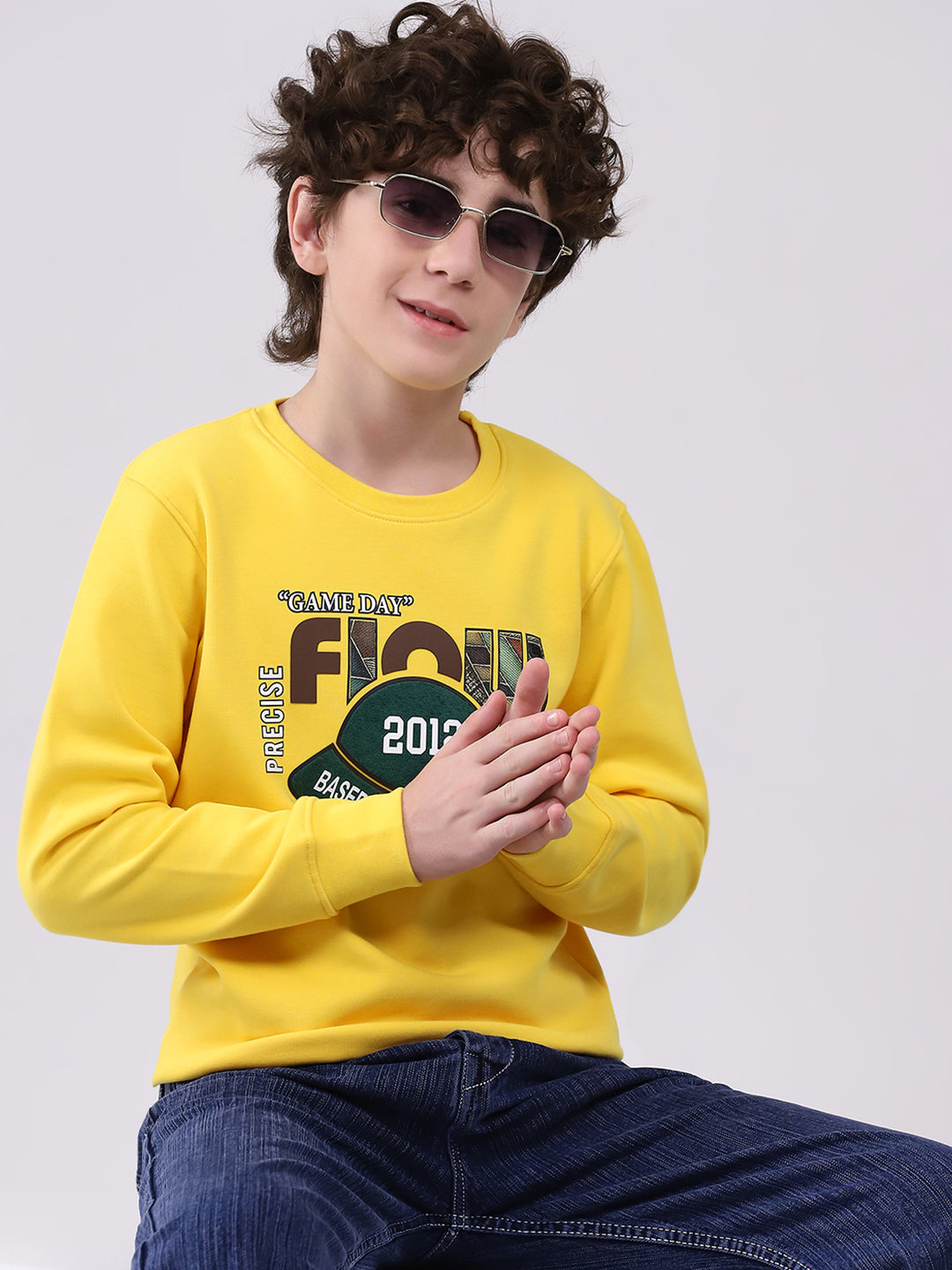 Boys Yellow Printed Round Neck Full Sleeve Sweatshirt