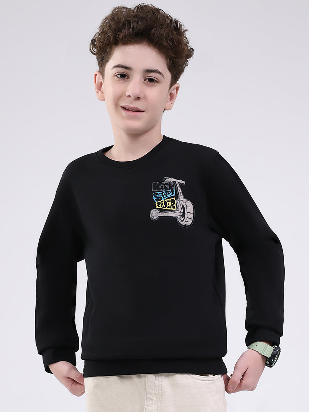 Boys Black Printed Round Neck Full Sleeve Sweatshirt