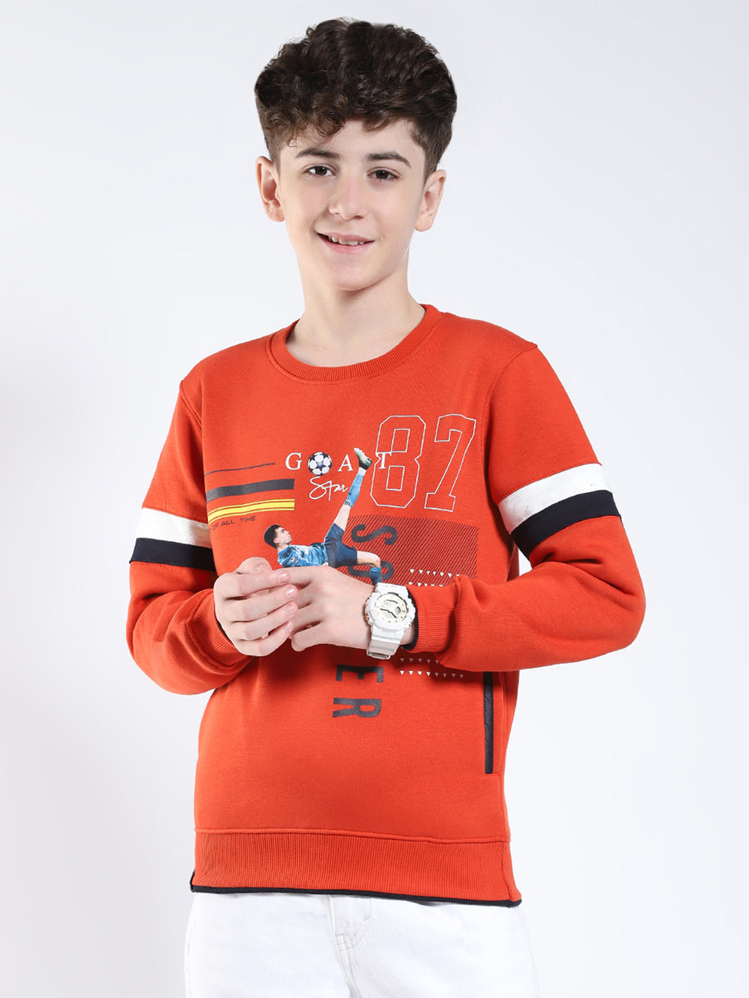 Boys Rust Printed Round Neck Full Sleeve Sweatshirt