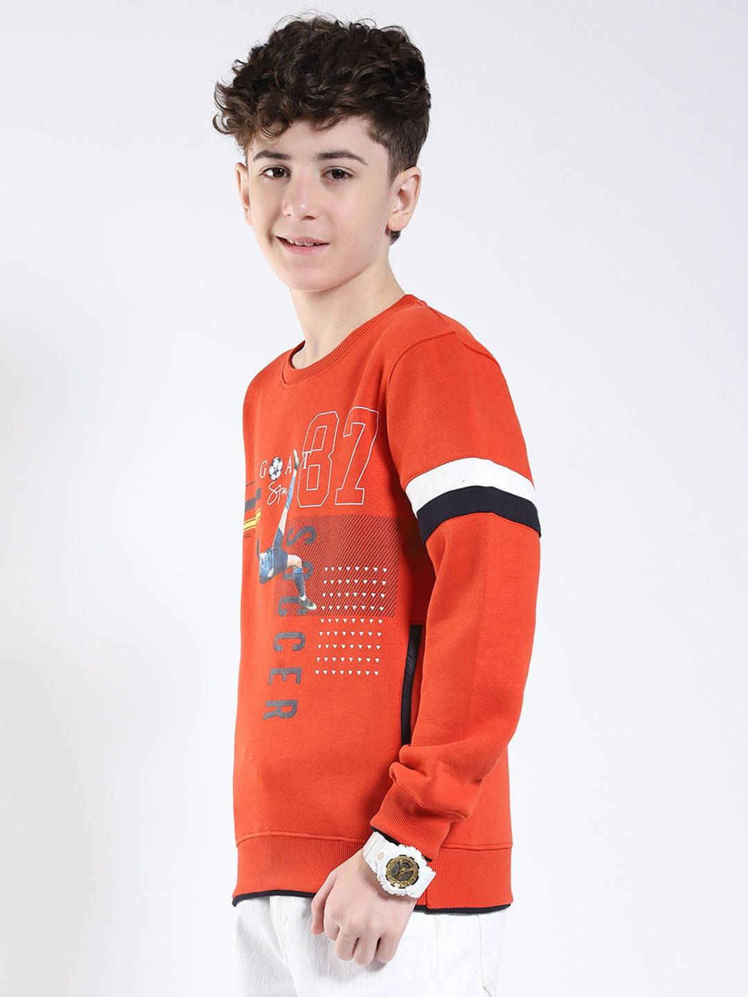 Boys Rust Printed Round Neck Full Sleeve Sweatshirt