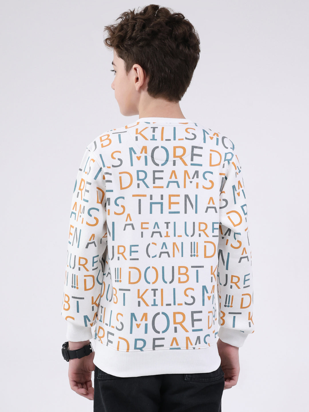 Boys Off White Printed Round Neck Full Sleeve Sweatshirt