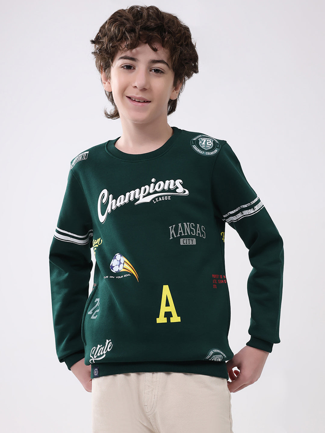 Boys Green Printed Round Neck Full Sleeve Sweatshirt