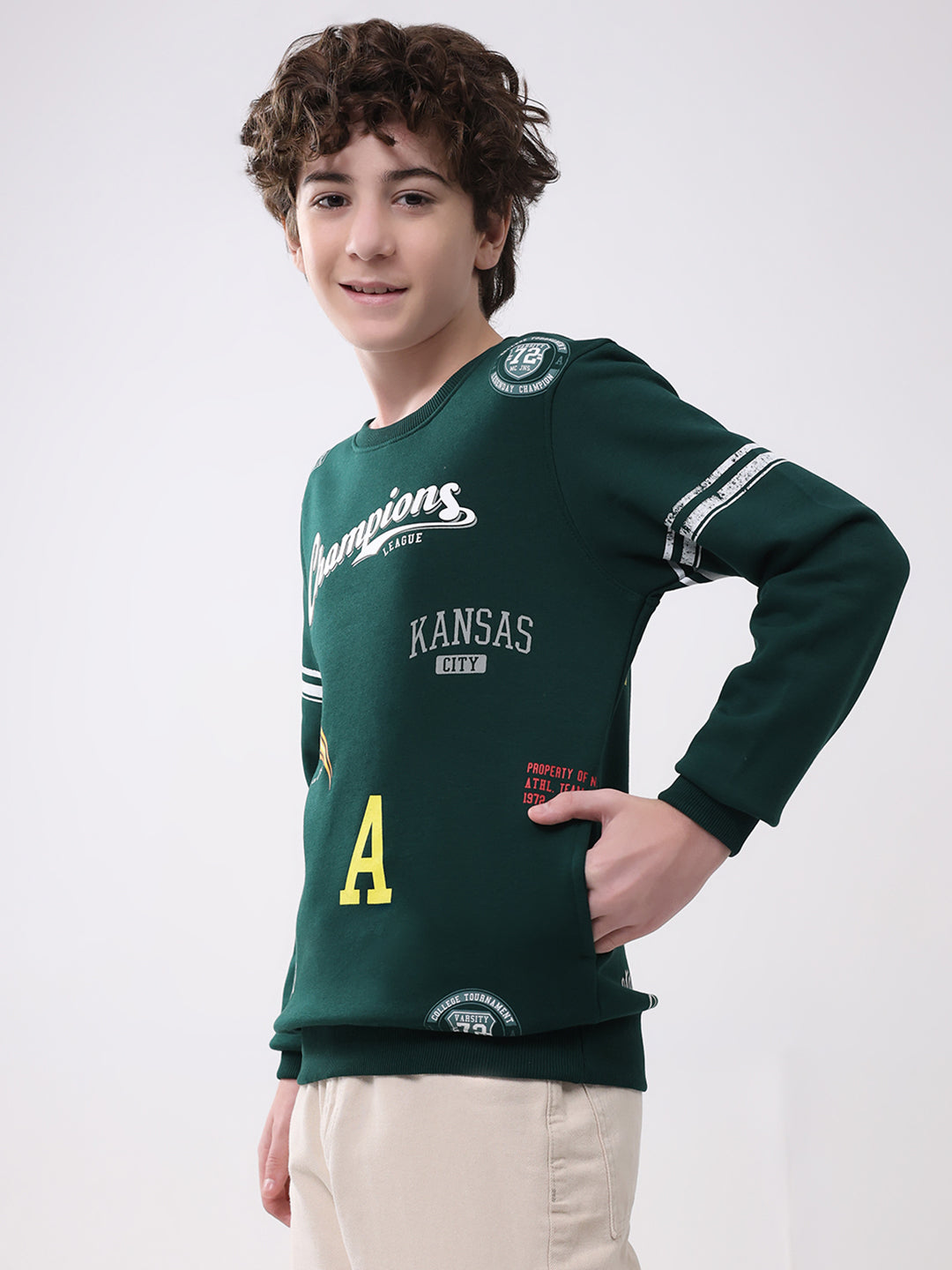 Boys Green Printed Round Neck Full Sleeve Sweatshirt