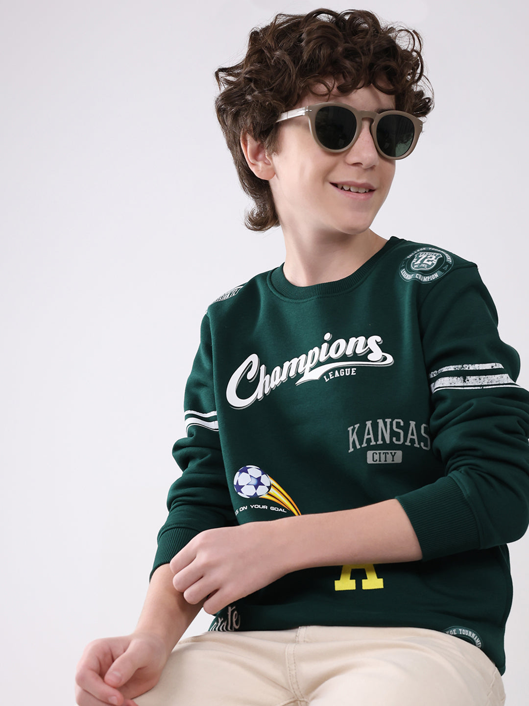 Boys Green Printed Round Neck Full Sleeve Sweatshirt
