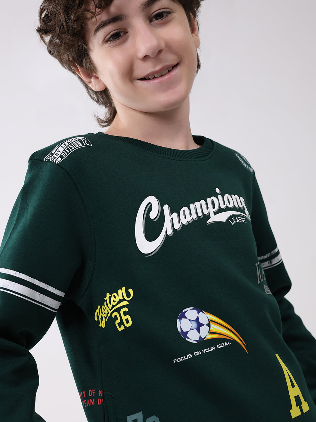 Boys Green Printed Round Neck Full Sleeve Sweatshirt