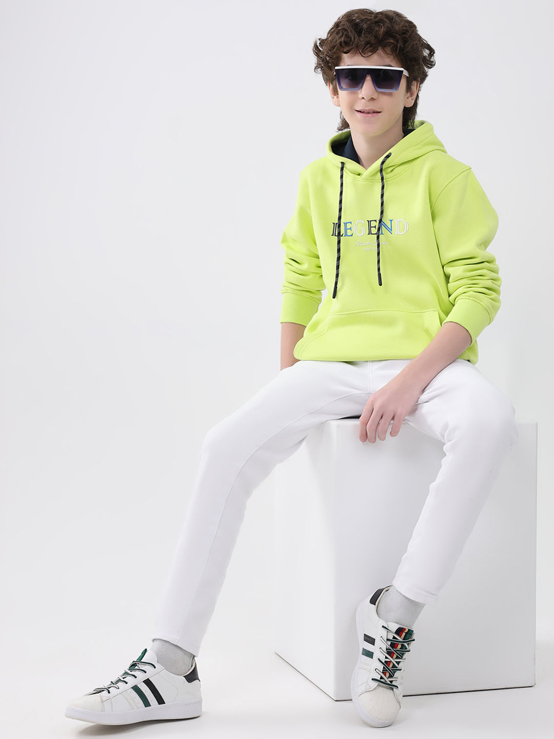 Boys Green Printed Hooded Full Sleeve Sweatshirt