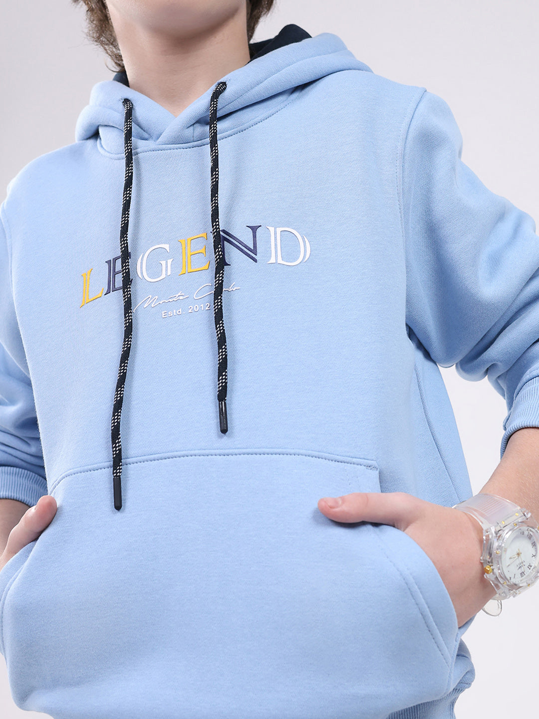 Boys Sky Blue Printed Hooded Full Sleeve Sweatshirt