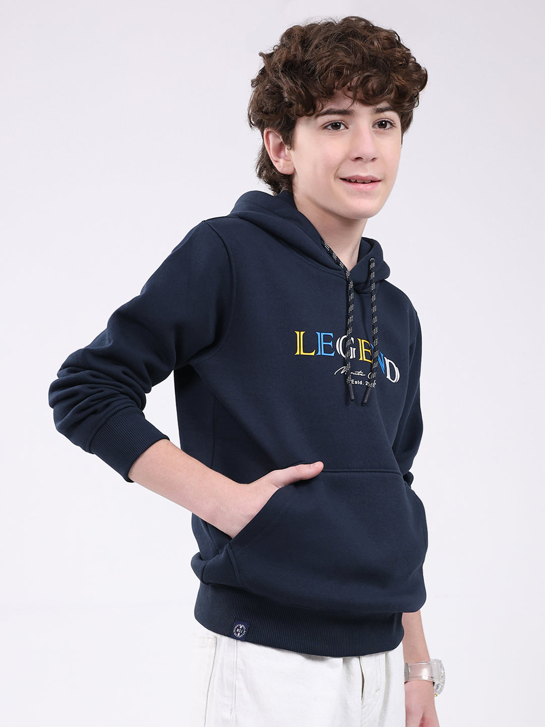 Boys Navy Blue Printed Hooded Full Sleeve Sweatshirt