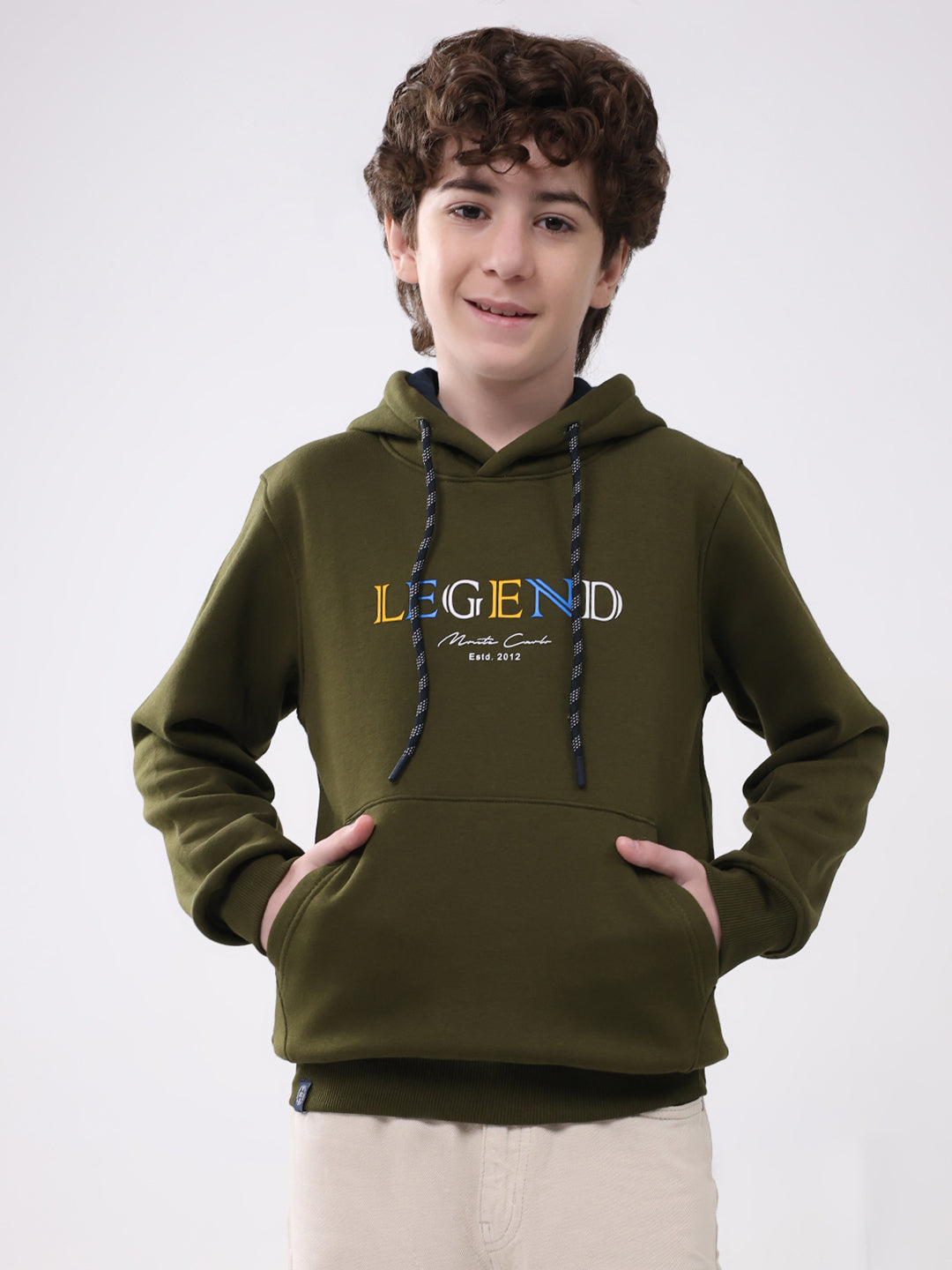 Boys Olive Printed Hooded Full Sleeve Sweatshirt