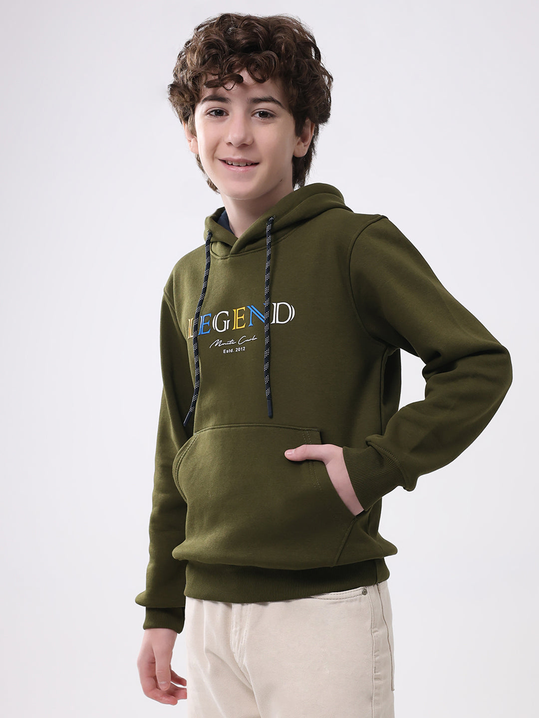 Boys Olive Printed Hooded Full Sleeve Sweatshirt