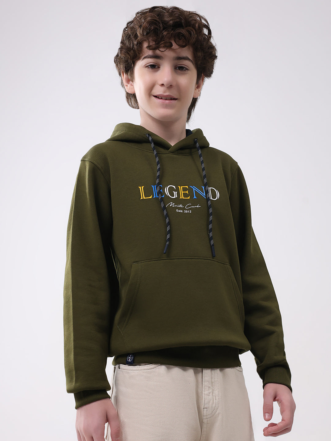 Boys Olive Printed Hooded Full Sleeve Sweatshirt