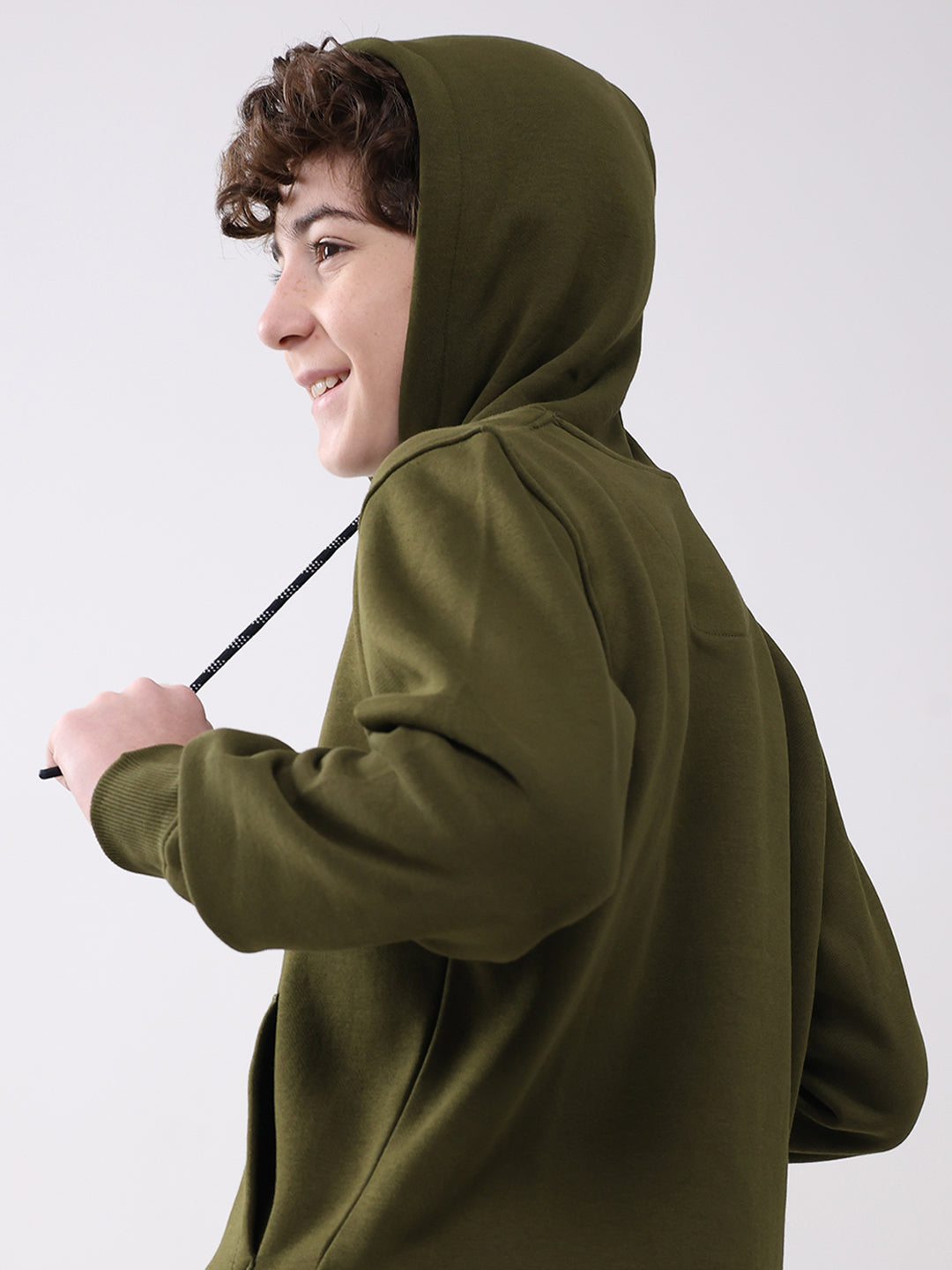 Boys Olive Printed Hooded Full Sleeve Sweatshirt