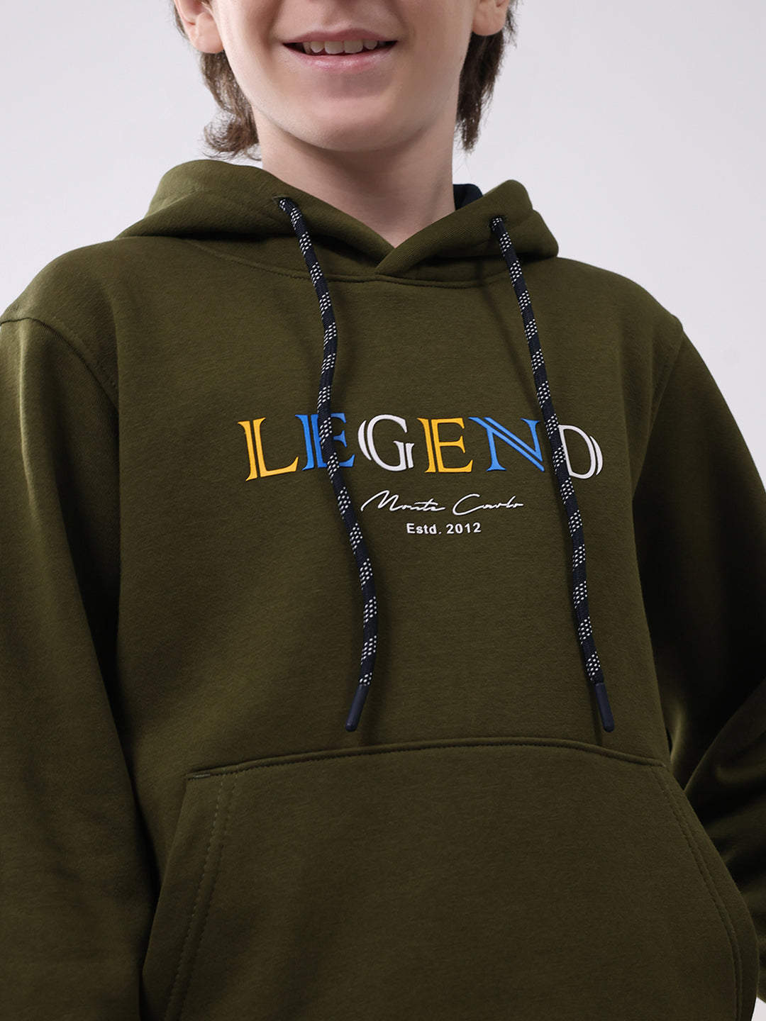 Boys Olive Printed Hooded Full Sleeve Sweatshirt