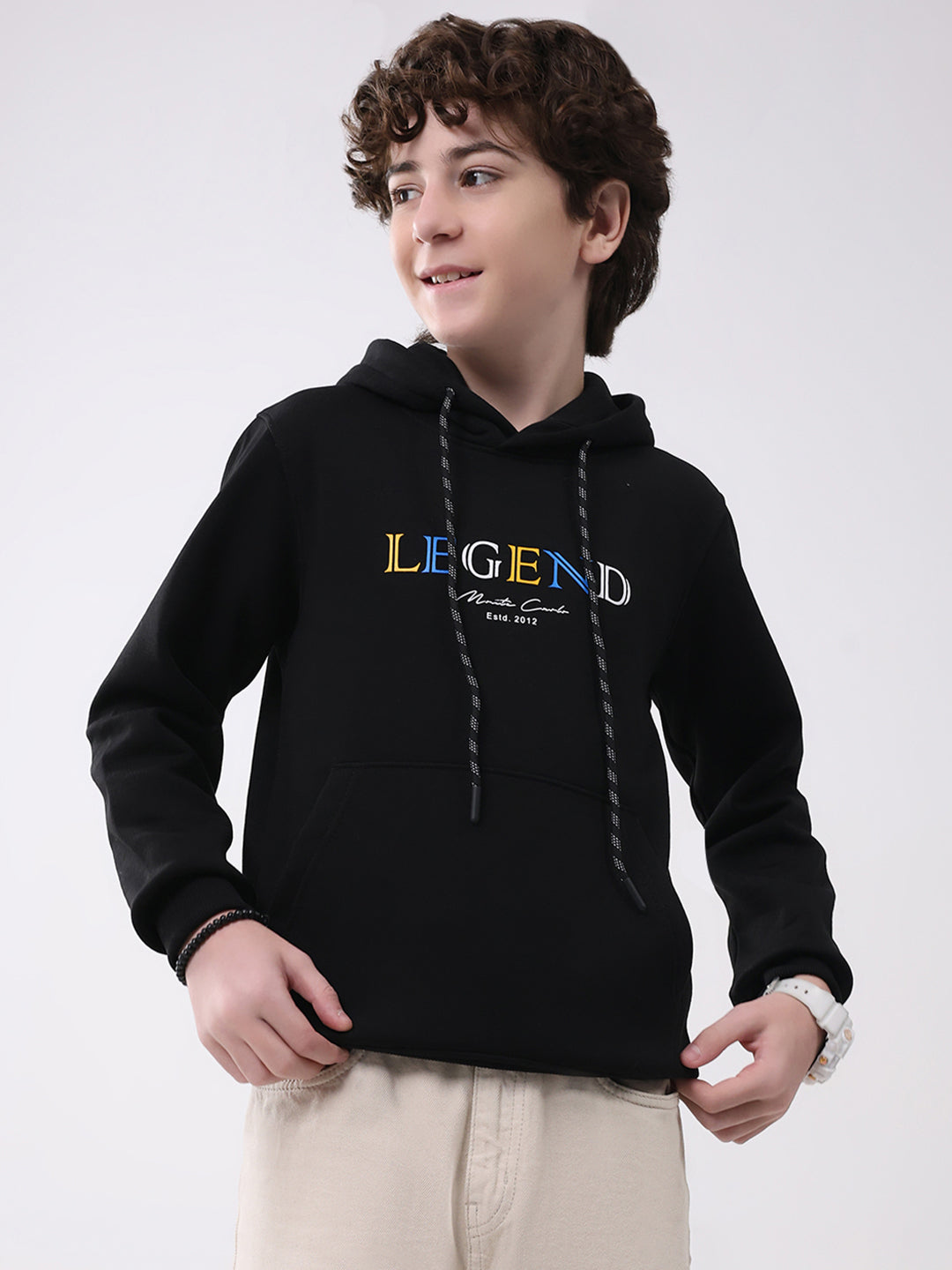 Boys Black Printed Hooded Full Sleeve Sweatshirt