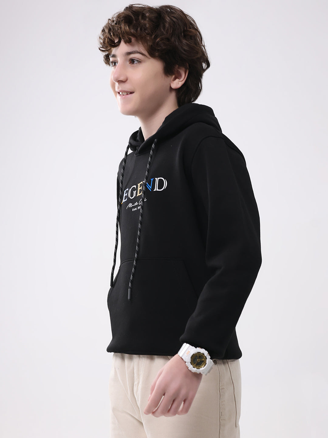 Boys Black Printed Hooded Full Sleeve Sweatshirt