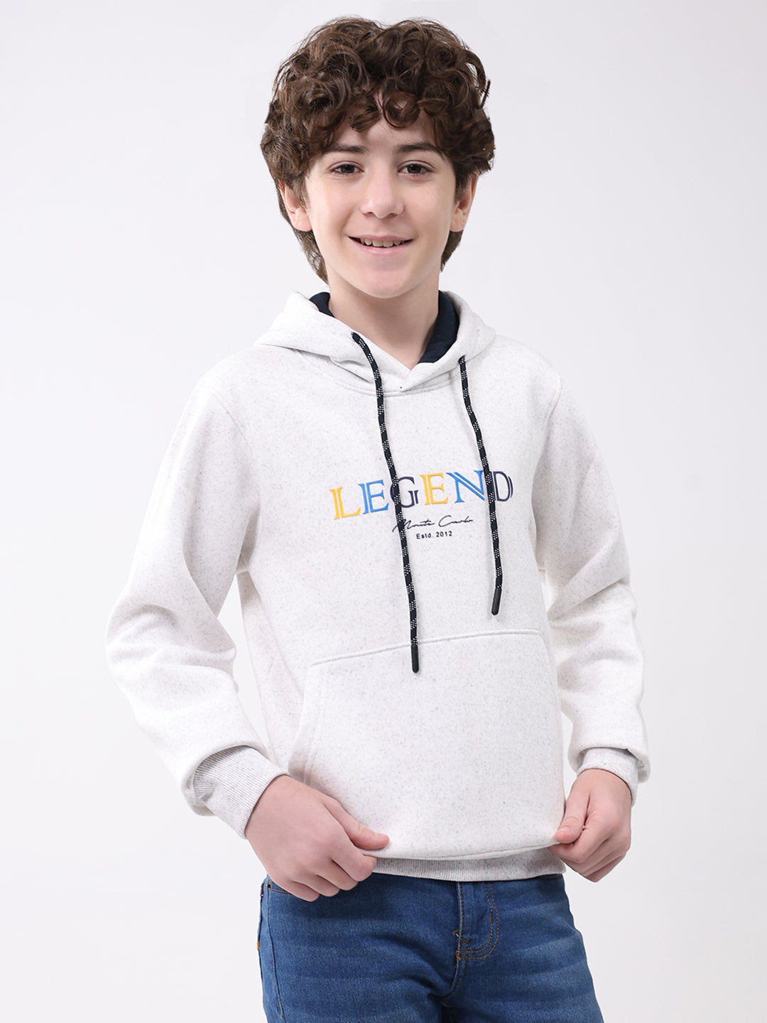 Boys Light Grey Printed Hooded Full Sleeve Sweatshirt