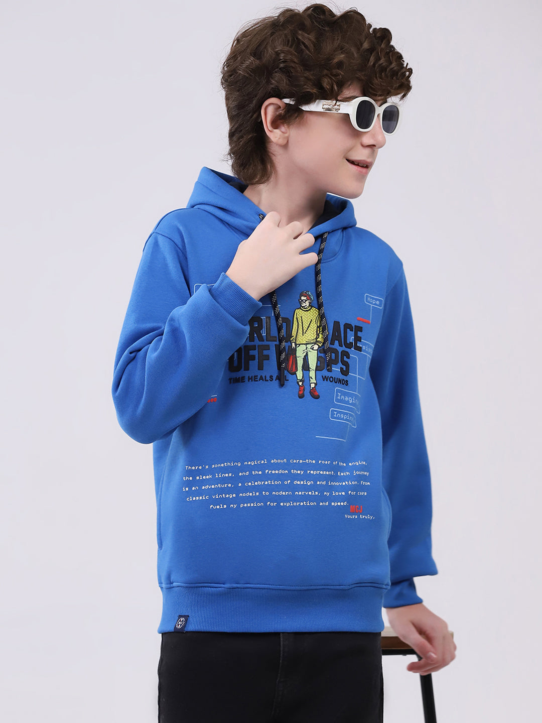 Boys Blue Printed Hooded Full Sleeve Sweatshirt