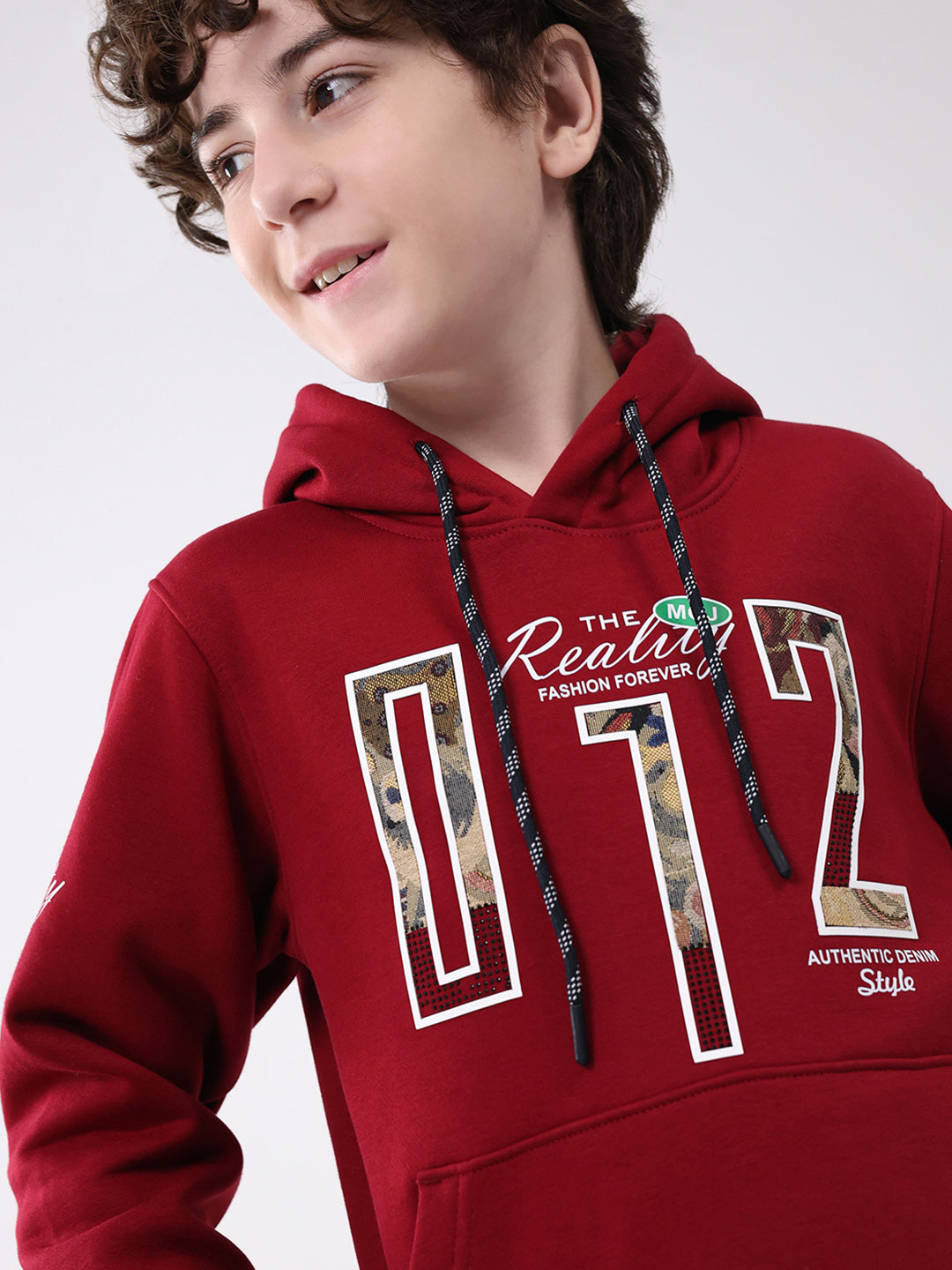 Boys Maroon Printed Hooded Full Sleeve Sweatshirt