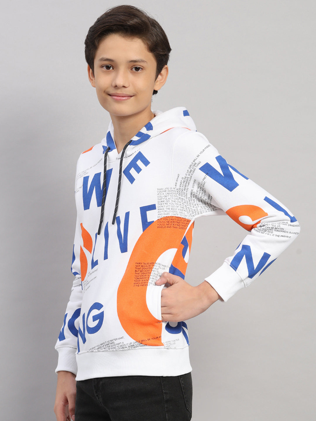 Boys Orange Printed Round Neck Full Sleeve Sweatshirt