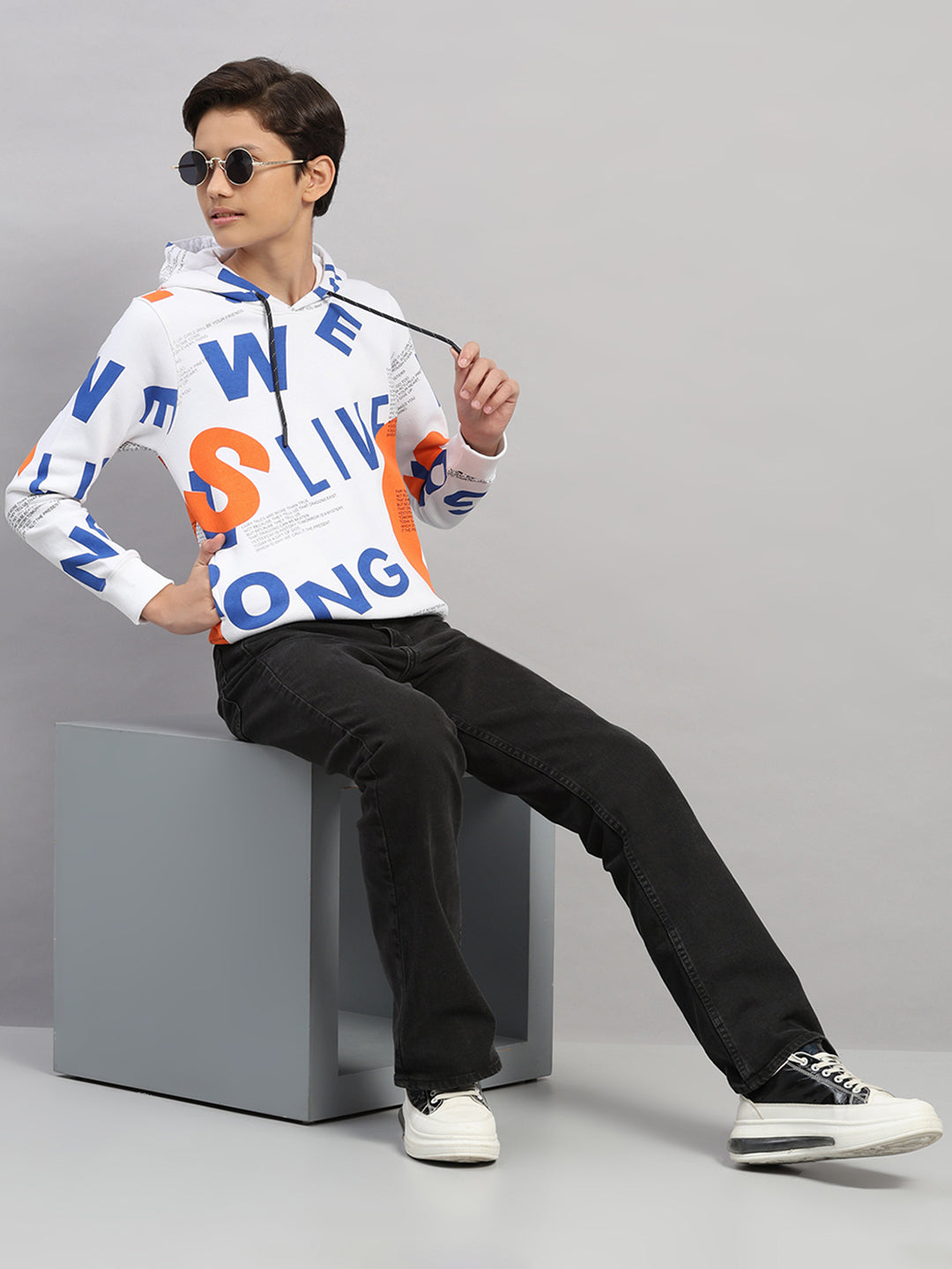 Boys Orange Printed Round Neck Full Sleeve Sweatshirt