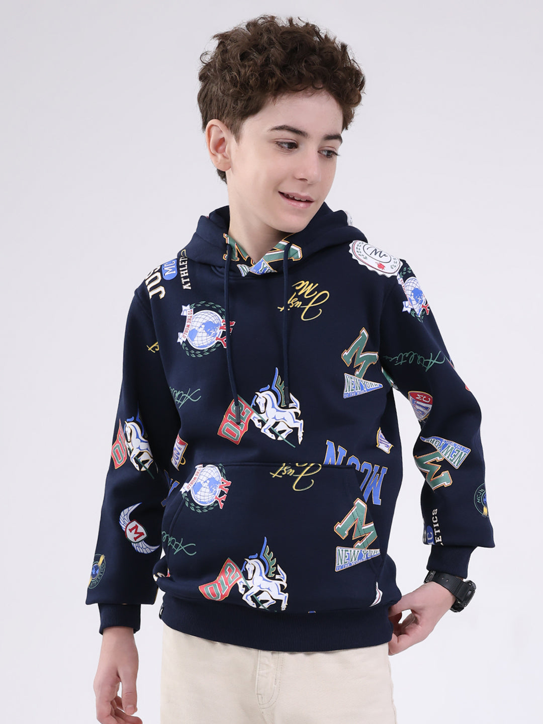 Boys Navy Blue Printed Round Neck Full Sleeve Sweatshirt