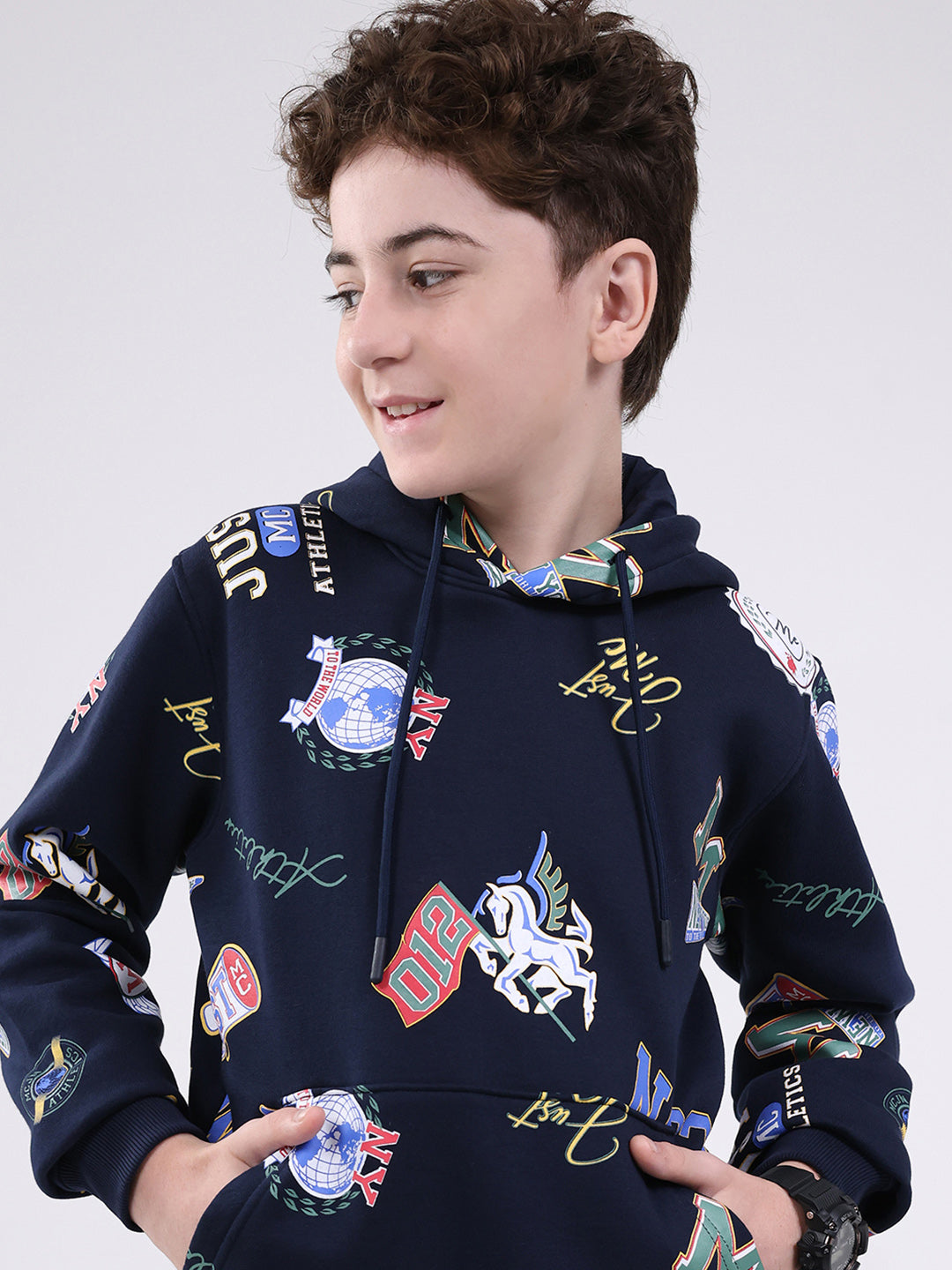 Boys Navy Blue Printed Round Neck Full Sleeve Sweatshirt