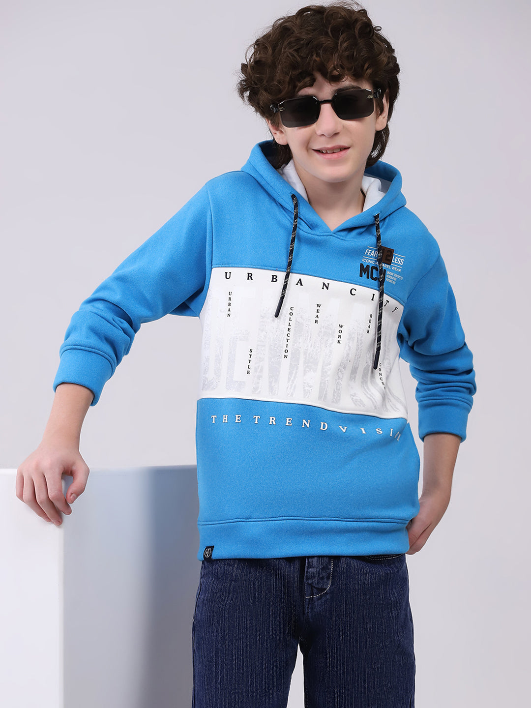 Boys Blue Printed Hooded Full Sleeve Sweatshirt