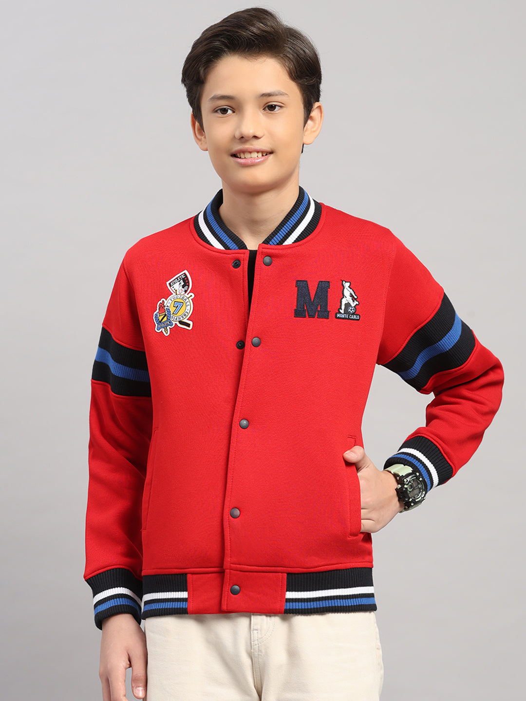 Boys Red Embroidered Round Neck Full Sleeve Sweatshirt