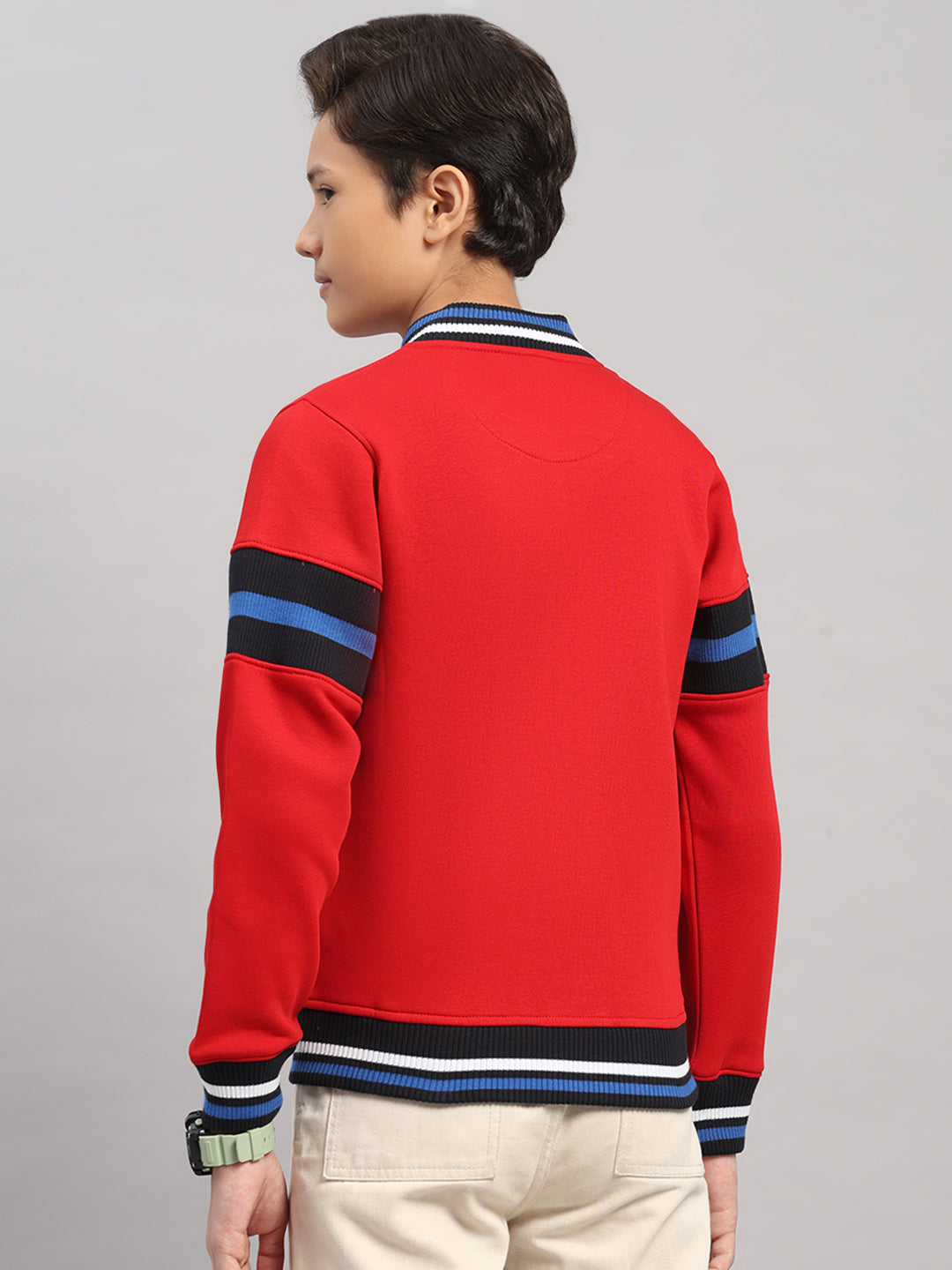 Boys Red Embroidered Round Neck Full Sleeve Sweatshirt