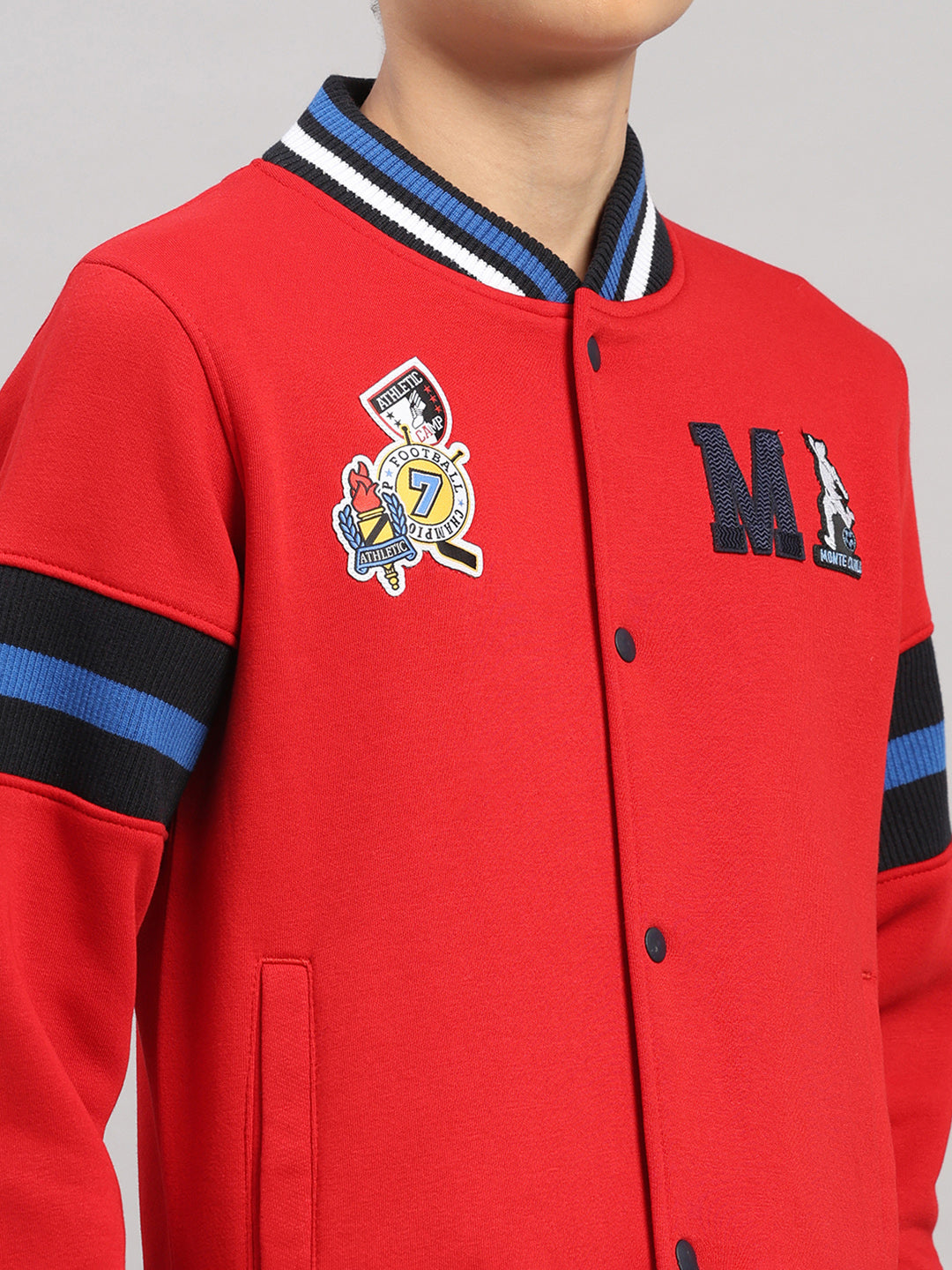 Boys Red Embroidered Round Neck Full Sleeve Sweatshirt