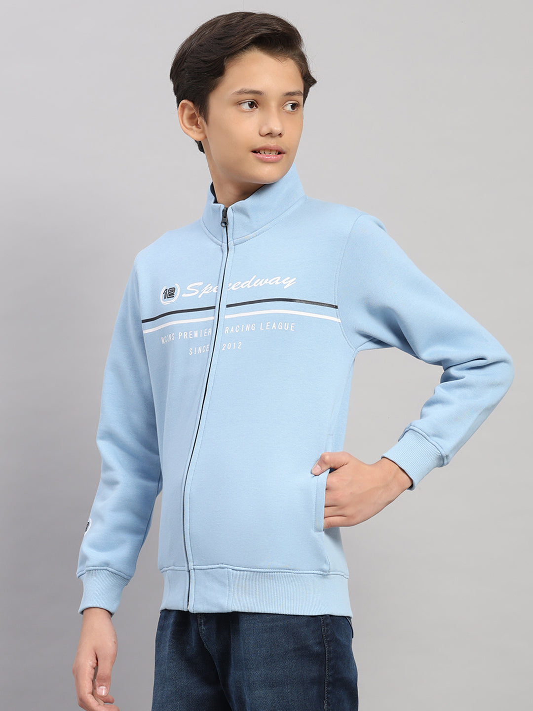 Boys Sky Blue Printed Turtle Neck Full Sleeve Sweatshirt