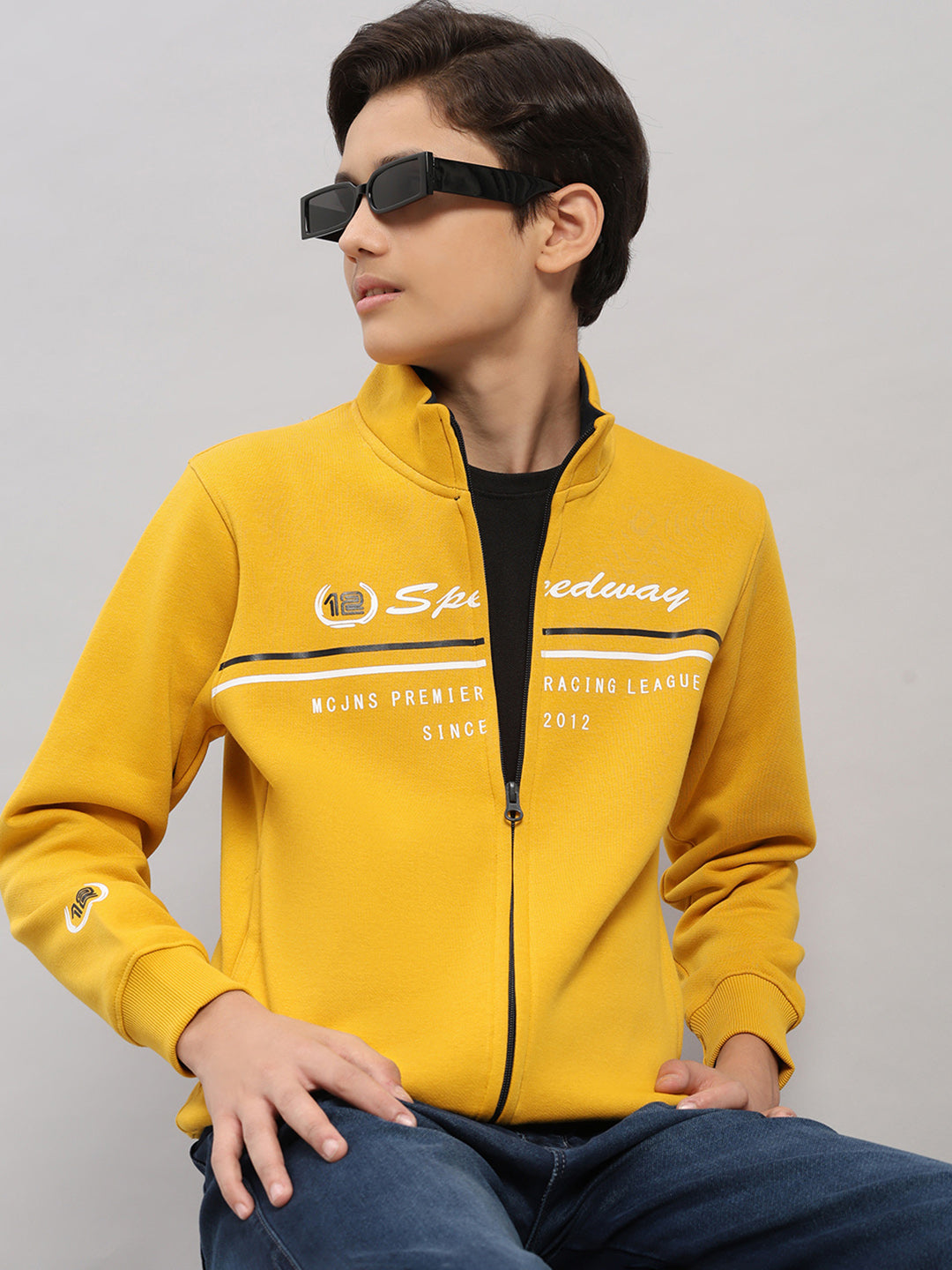 Boys Mustard Printed Turtle Neck Full Sleeve Sweatshirt