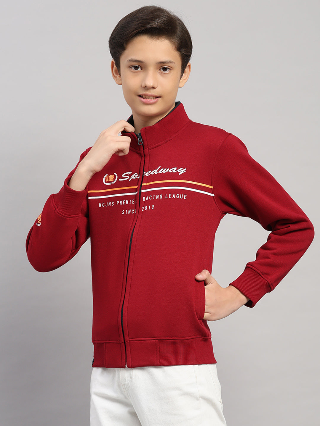 Boys Maroon Printed Turtle Neck Full Sleeve Sweatshirt