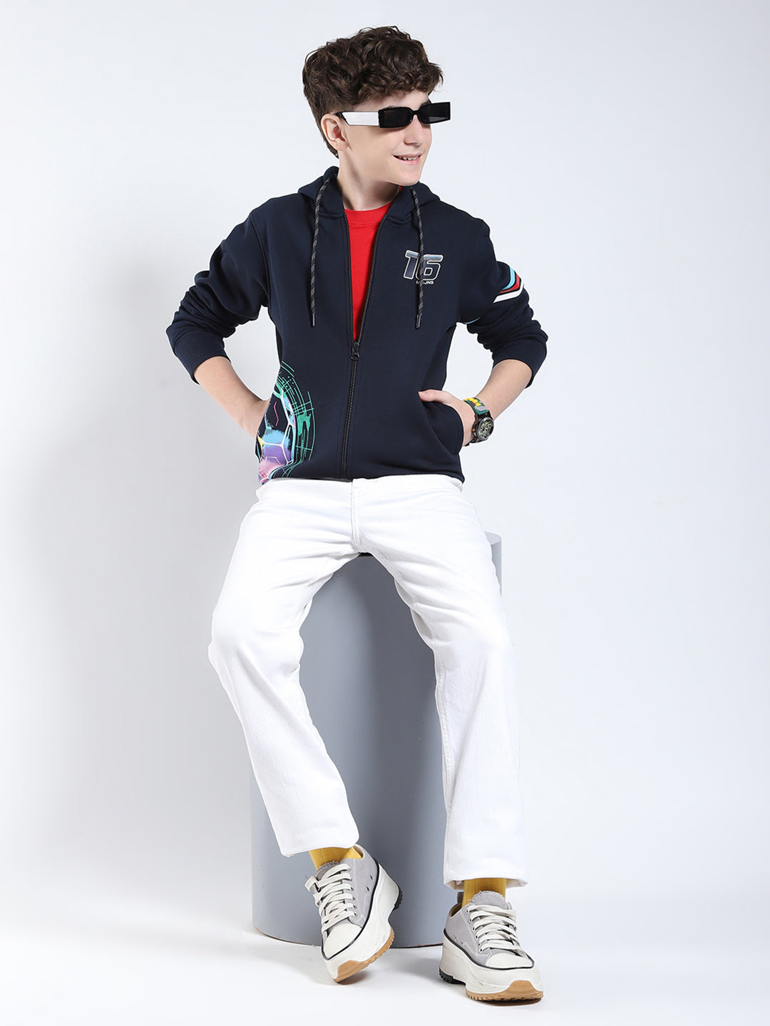 Boys Navy Blue Printed Hooded Full Sleeve Sweatshirt