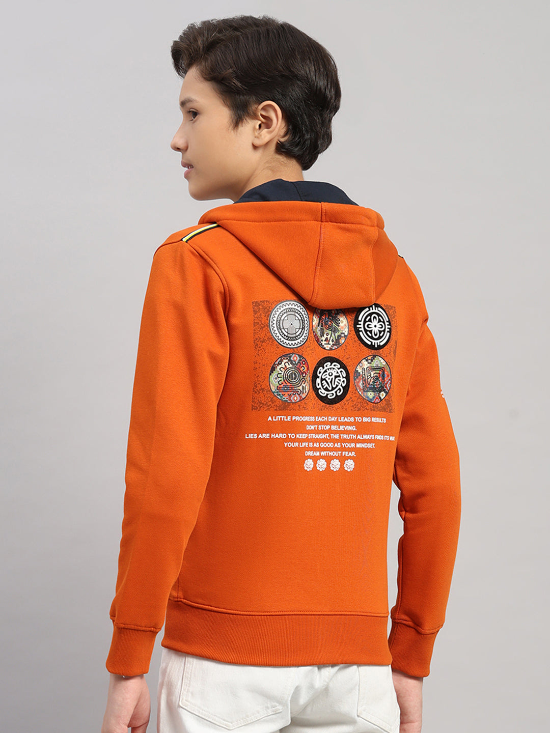Boys Orange Printed Hooded Full Sleeve Sweatshirt